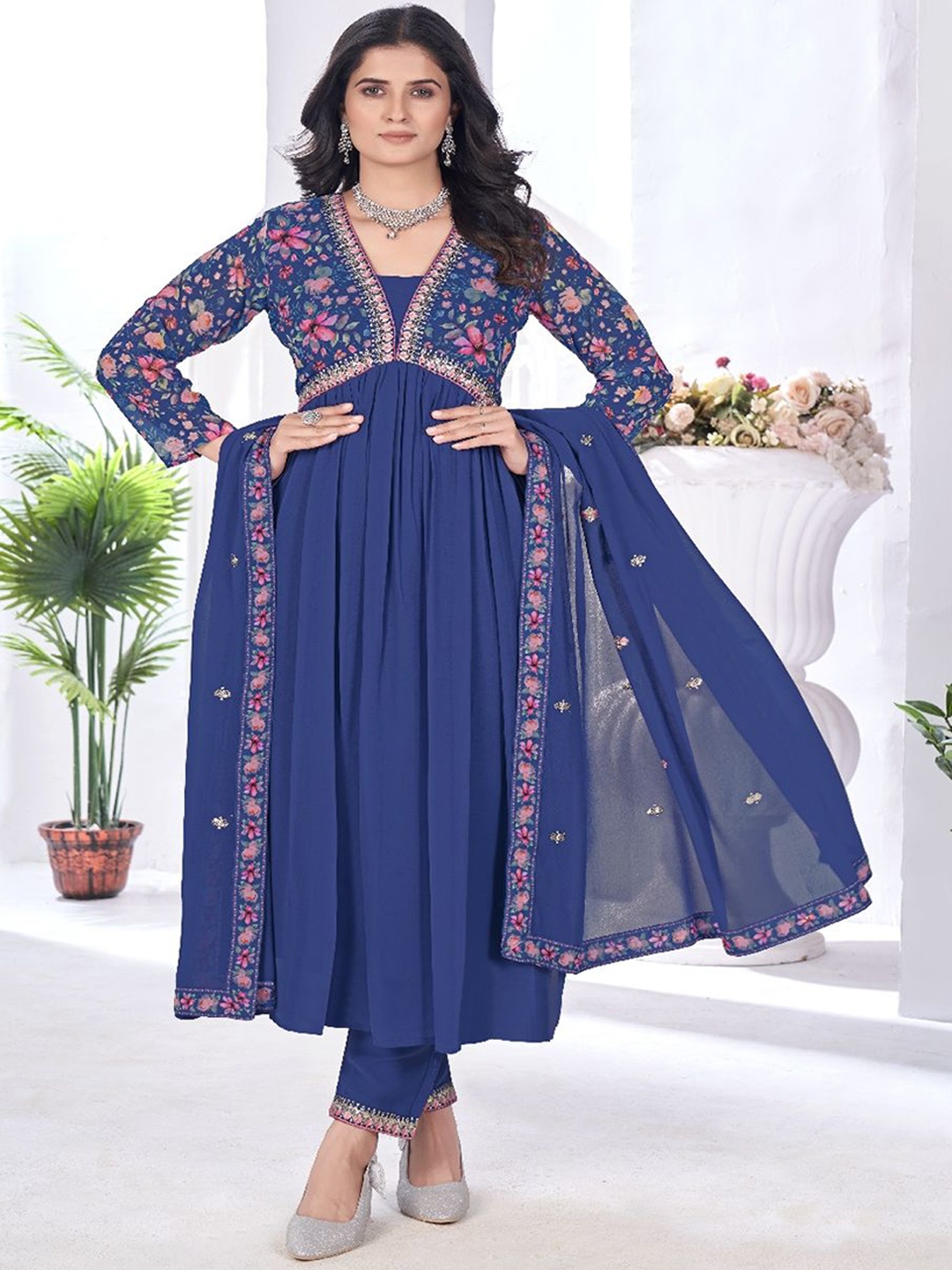 

VARNI FABRICS Floral Yoke Design Empire Georgette Anarkali Kurta With Trouser & Dupatta, Blue