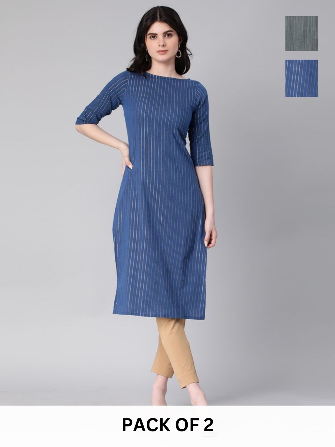 

KALINI Selection Of 2 Striped Round Neck Straight Kurtas, Navy blue