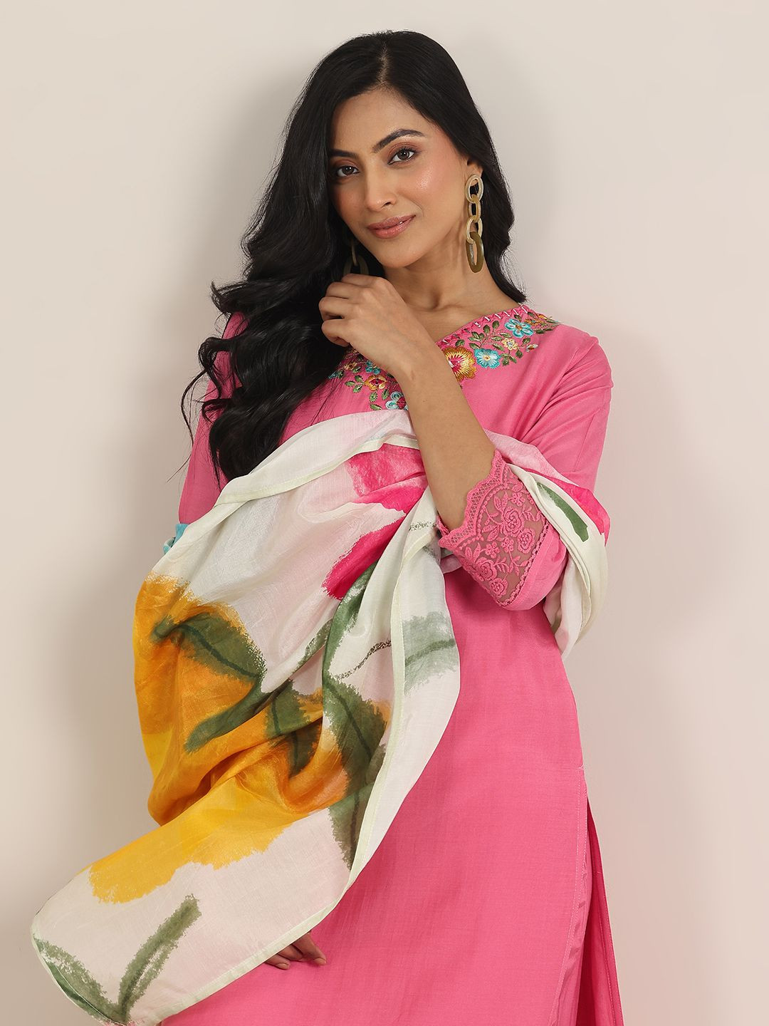 

Libas Pink Floral Yoke Design Embroidered Straight Kurta With Trouser & Dupatta