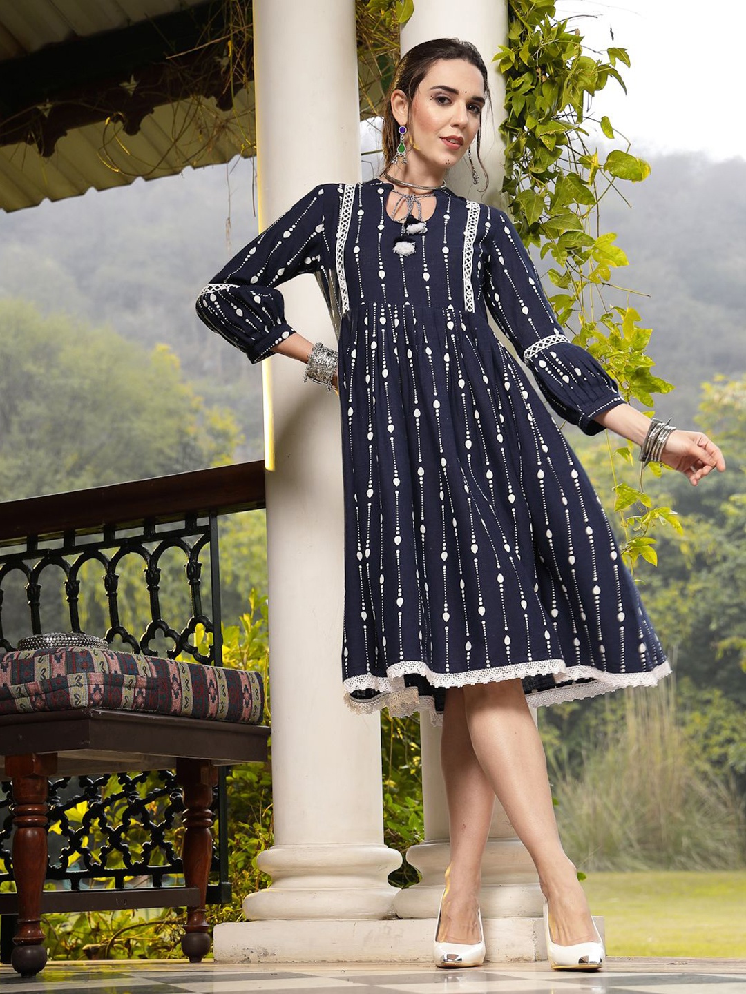 

Stylum Abstract Printed Tie-Up Neck Puff Sleeves Pure Cotton Fit & Flare Dress, Blue
