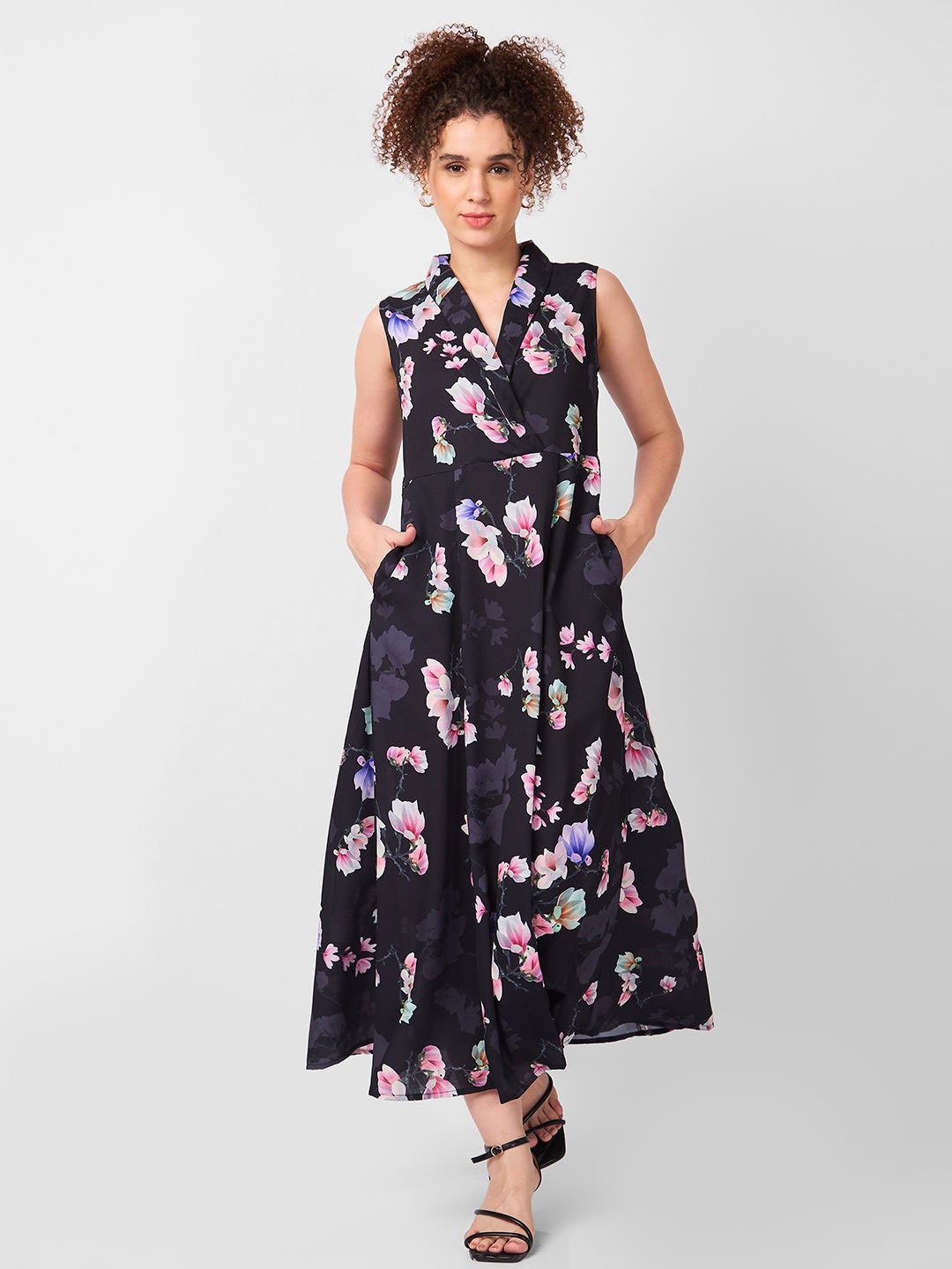 

Iti Floral Print Fit & Flare Midi Dress, Black