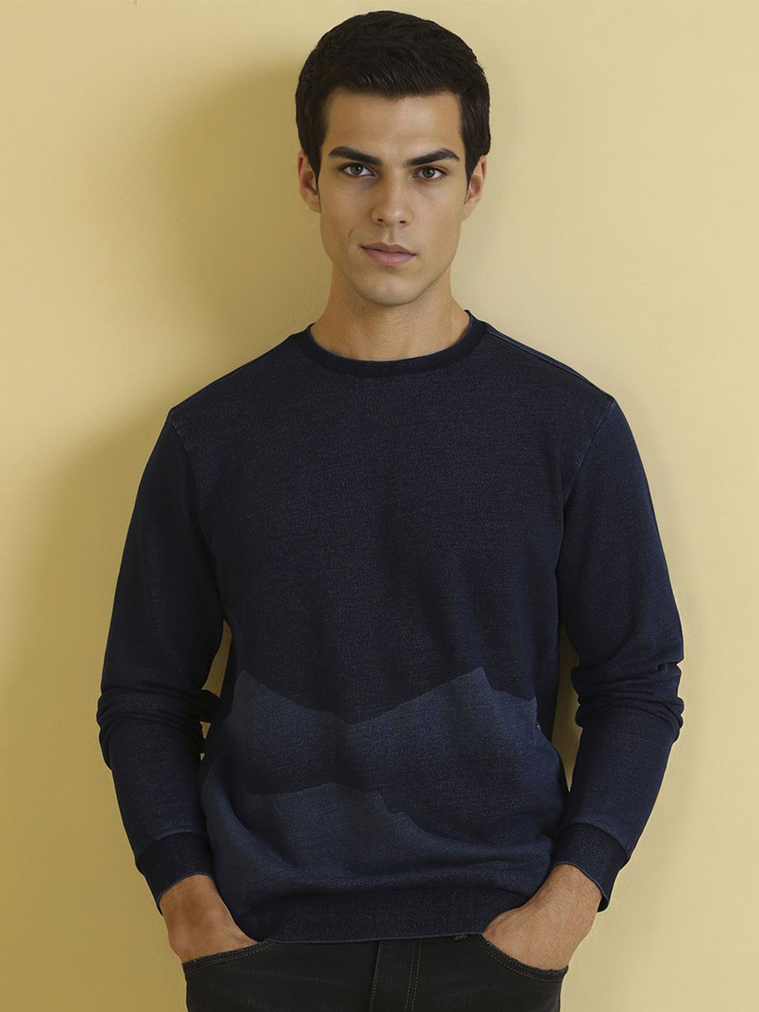 

Allen Solly Men Pure Cotton Self Design Round Neck Sweatshirt, Navy blue