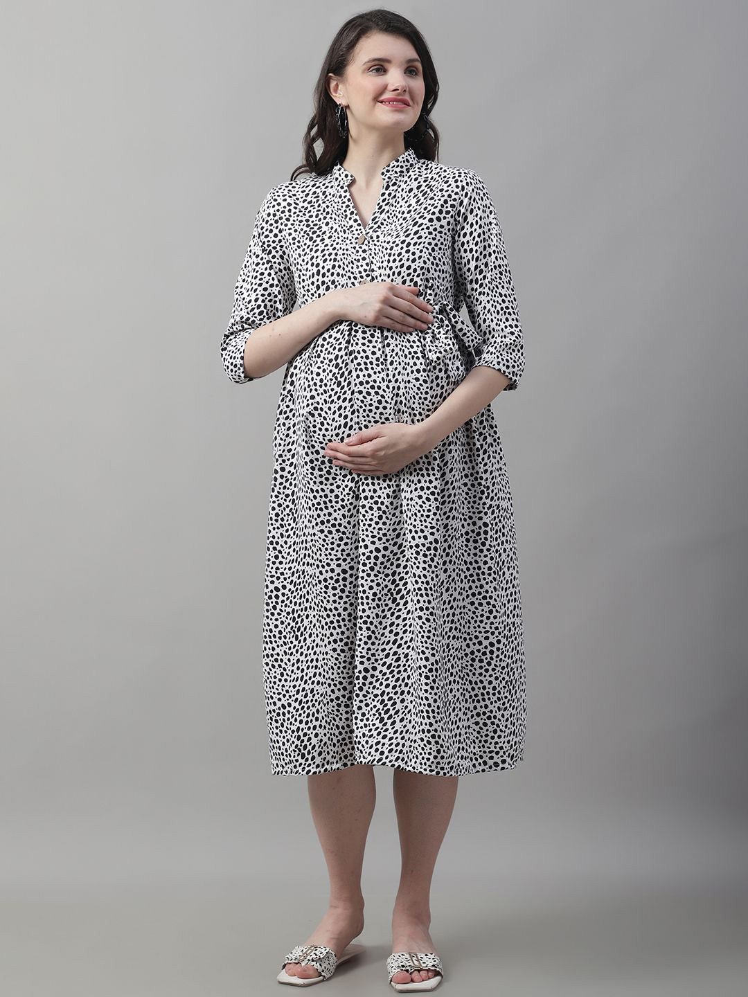 

Frempy Women Animal Printed Maternity A-Line Dress Comes with a belt, White