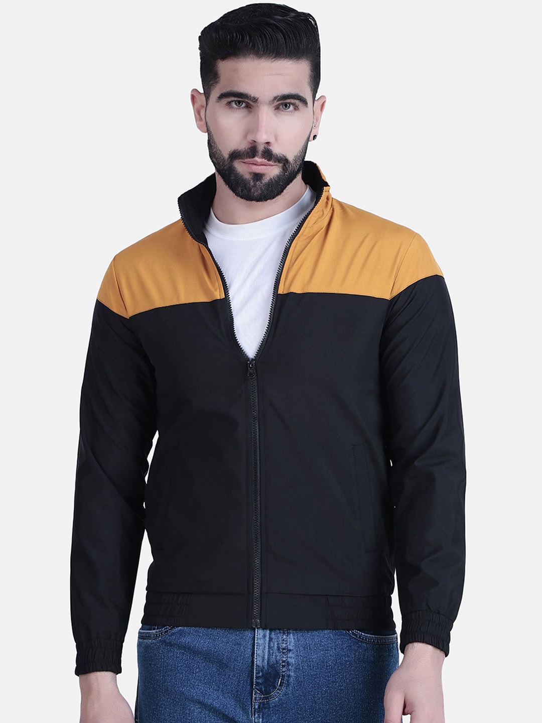 

WELL QUALITY Men Mock Collar Colourblocked Casual Windcheater Bomber Jacket, Mustard