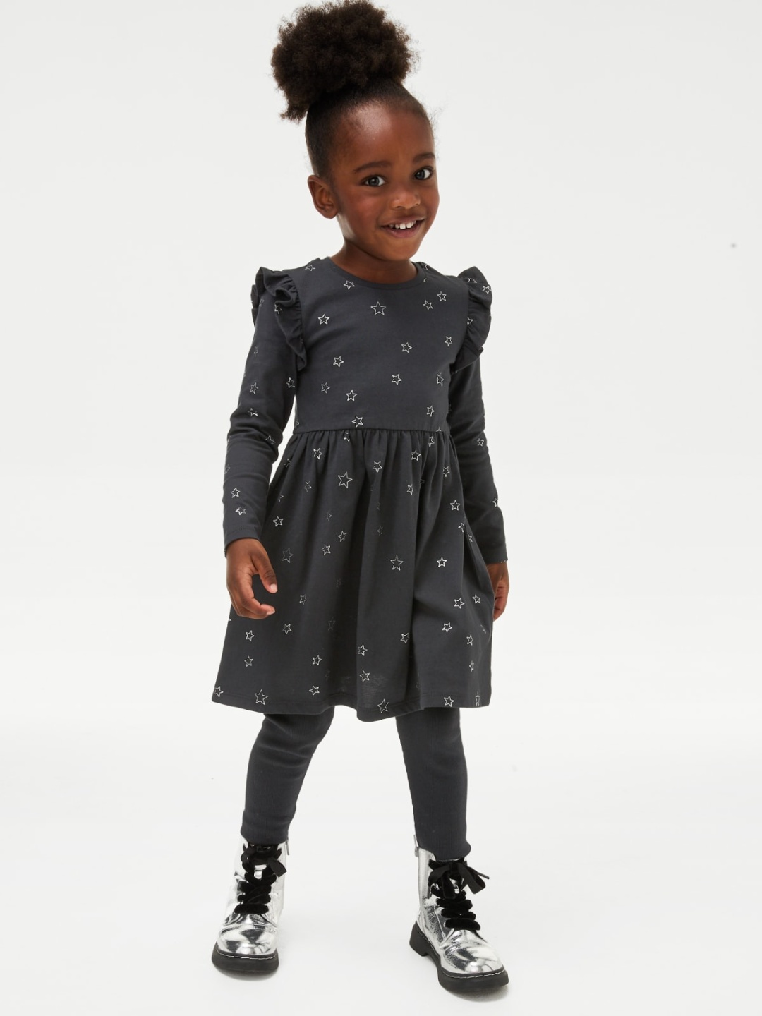 

Marks & Spencer Girls Pure Cotton Star Printed Ruffled Fit & Flare Dress, Black