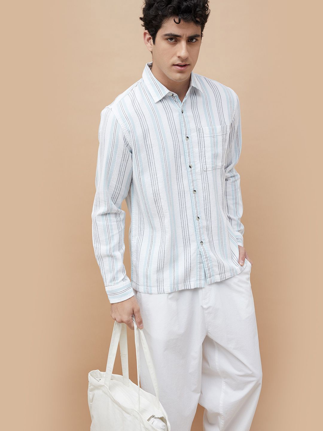 

Forca Men Spread Collar Vertical Striped Cotton Casual Shirt, White