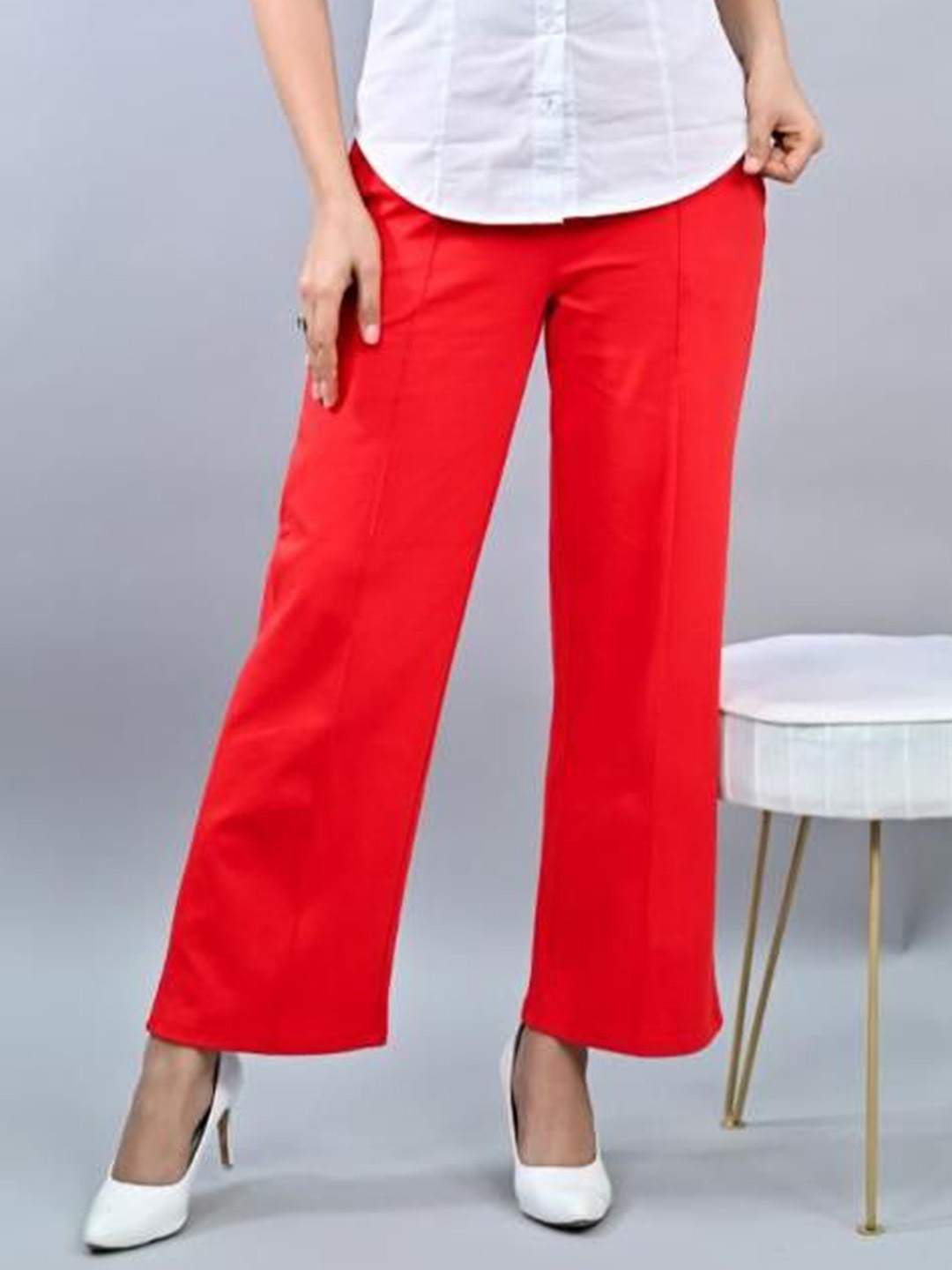 

Mlada Women Plus Size Wide Leg Flared Mid-Rise Stretchable Wide Leg Trousers, Red