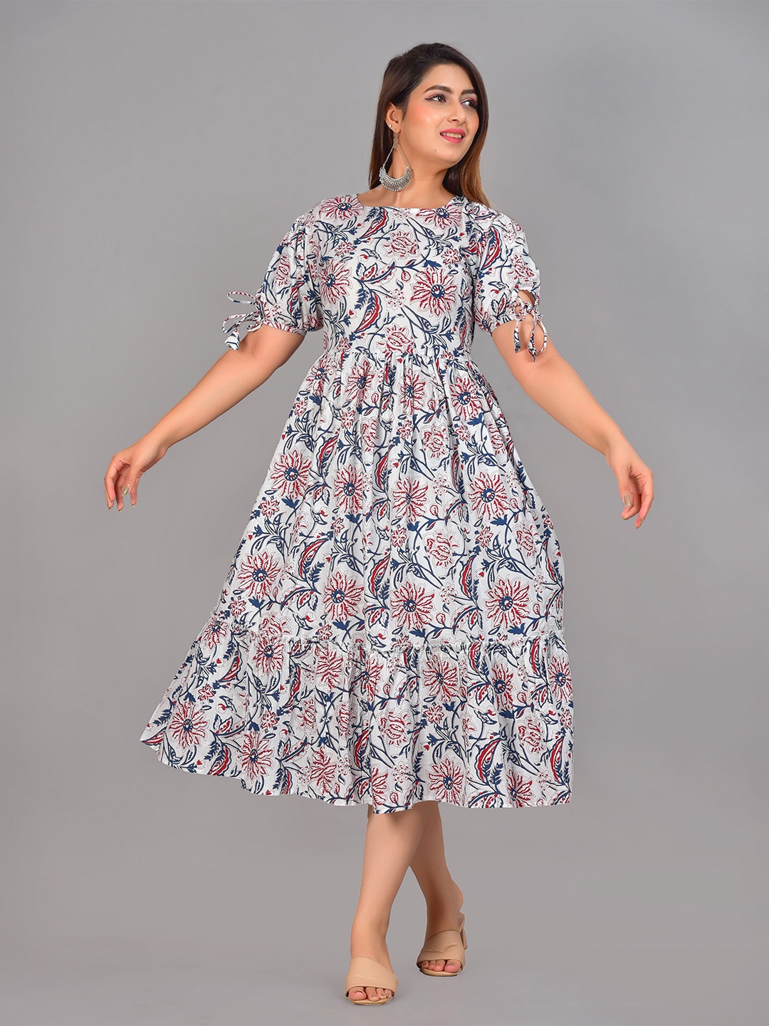 

Twirl Tales Floral Print Puff Sleeve Cotton Fit & Flare Midi Dress, White