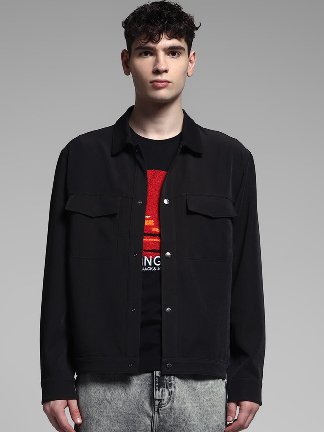 

Jack & Jones Men Relaxed Fit Spread Collar Solid Casual Shacket, Black