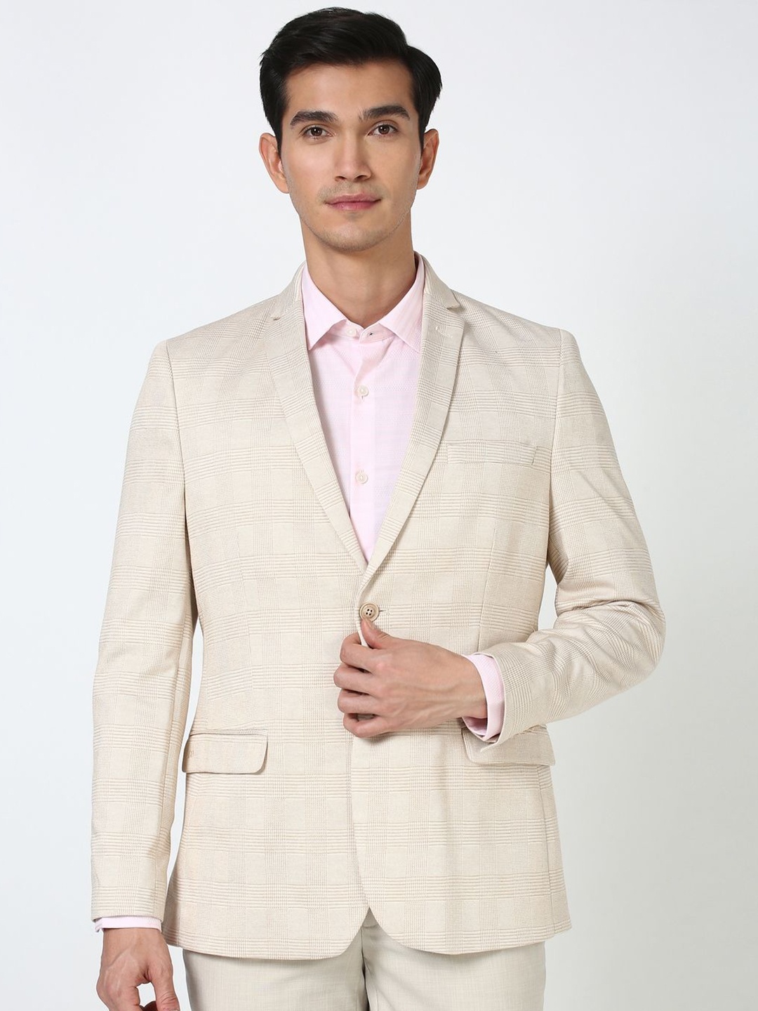 

Peter England Checked Single Breasted Blazer, Beige