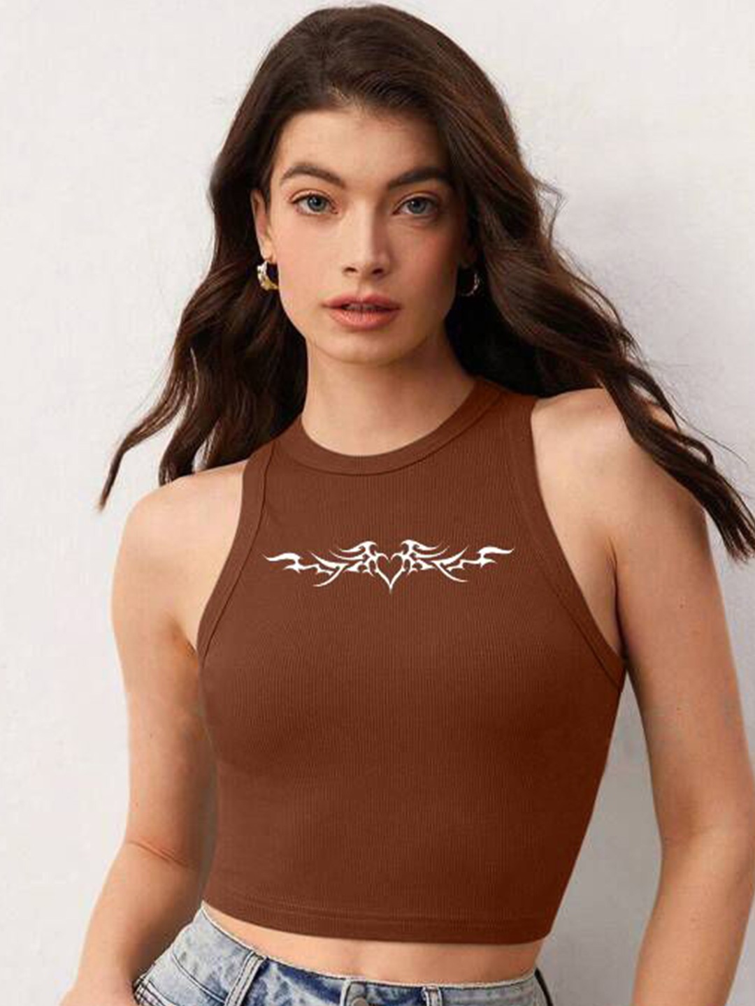 

The Roadster Lifestyle Co. Printed Sleeveless Tank Crop Top, Brown