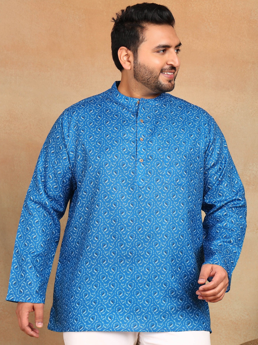 

Sztori Plus Size Men Floral Printed Mandarin Collar Straight Kurta, Blue