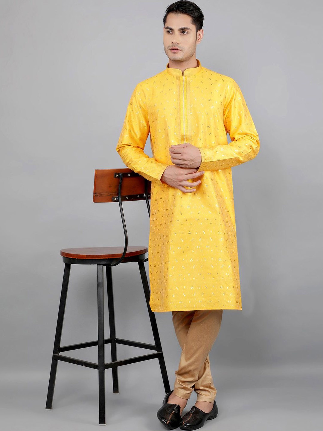 

Manish Creations Jacquard Woven Design Embroidered Mandarin Collar Kurta with Churidar, Mustard