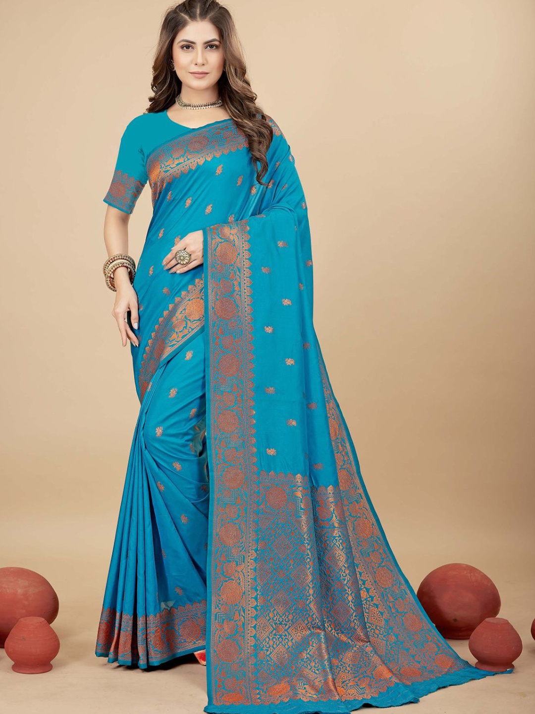 

amirat Woven Design Zari Pure Silk Banarasi Saree, Turquoise blue