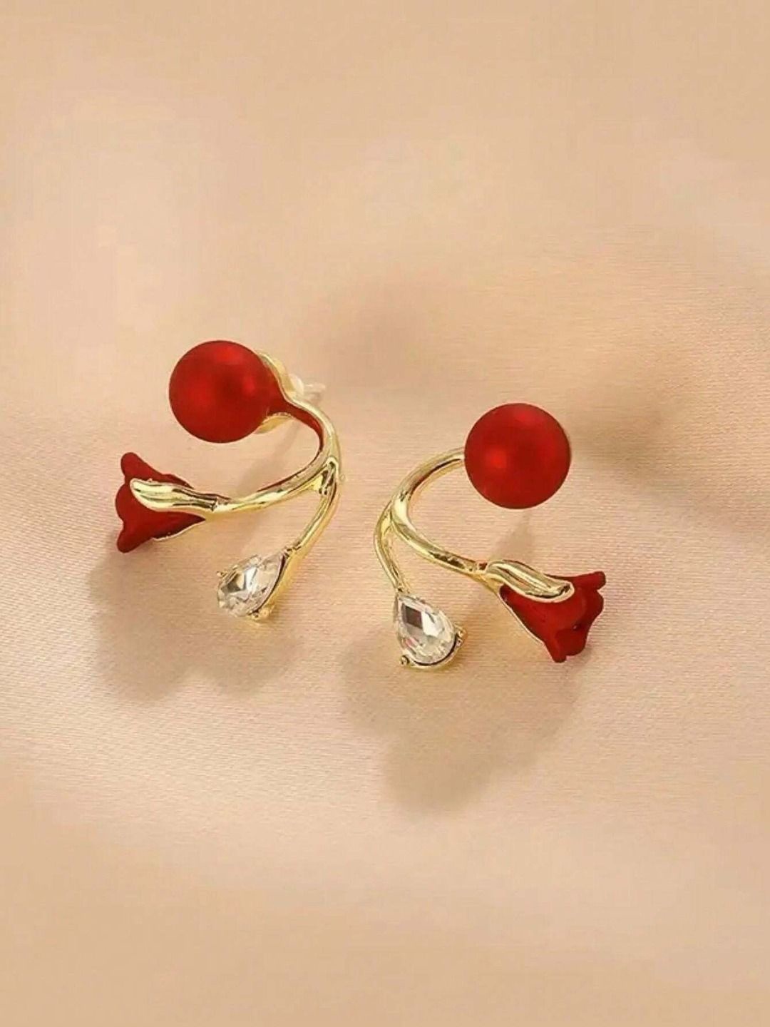 

BEYTER Sterling Silver Pearls Studded Tulip Shaped Studs, Red