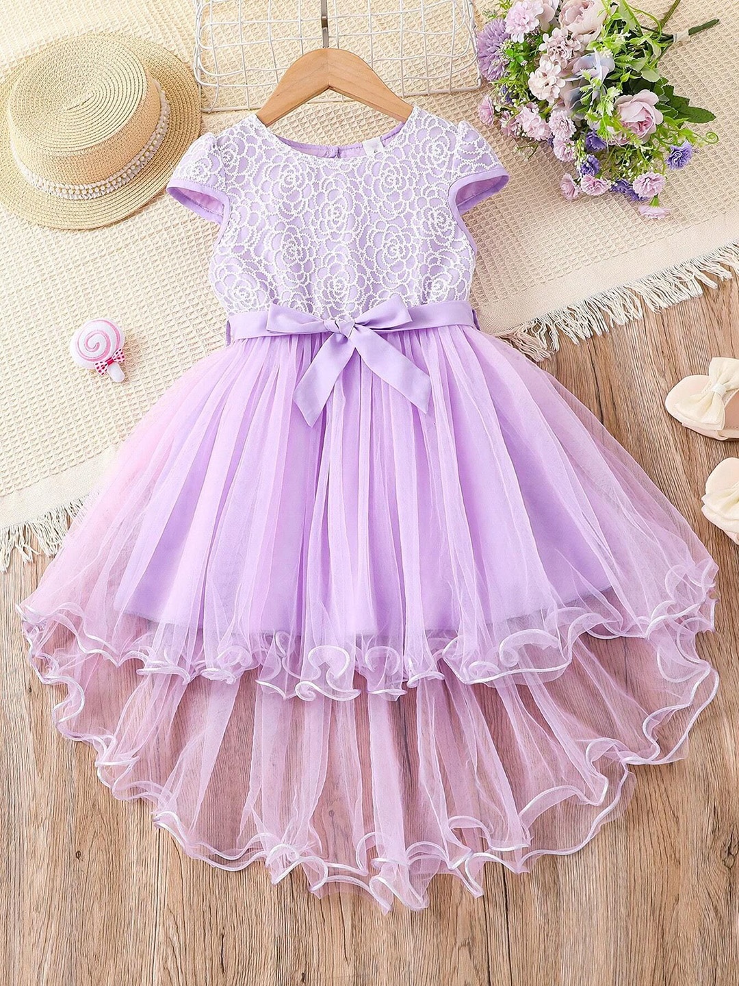 

BAESD Girls Self Design Embroidered Ruffled Fit & Flare Dress, Purple