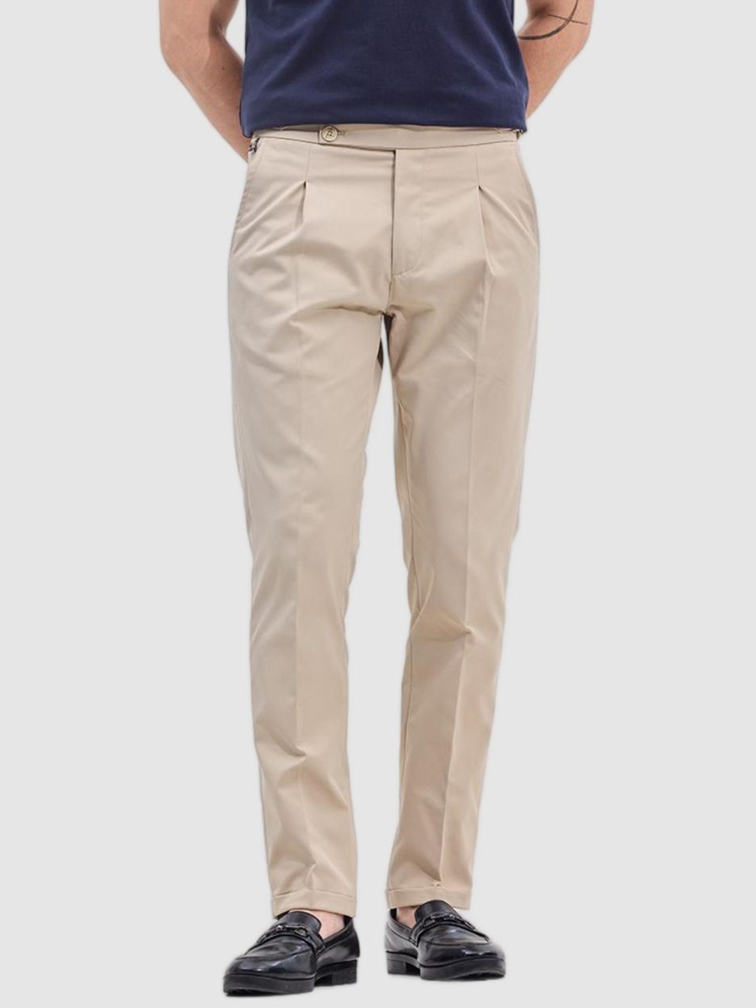 

Snitch Men Smart Slim Fit Pleated Trousers, Beige