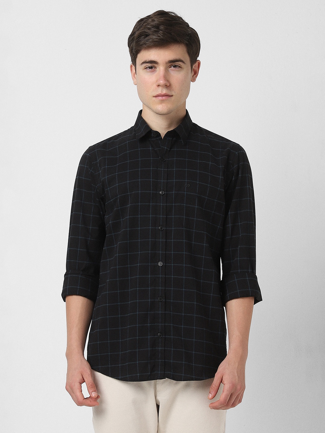 

Peter England Casuals Men Spread Collar Checked Cotton Casual Shirt, Black