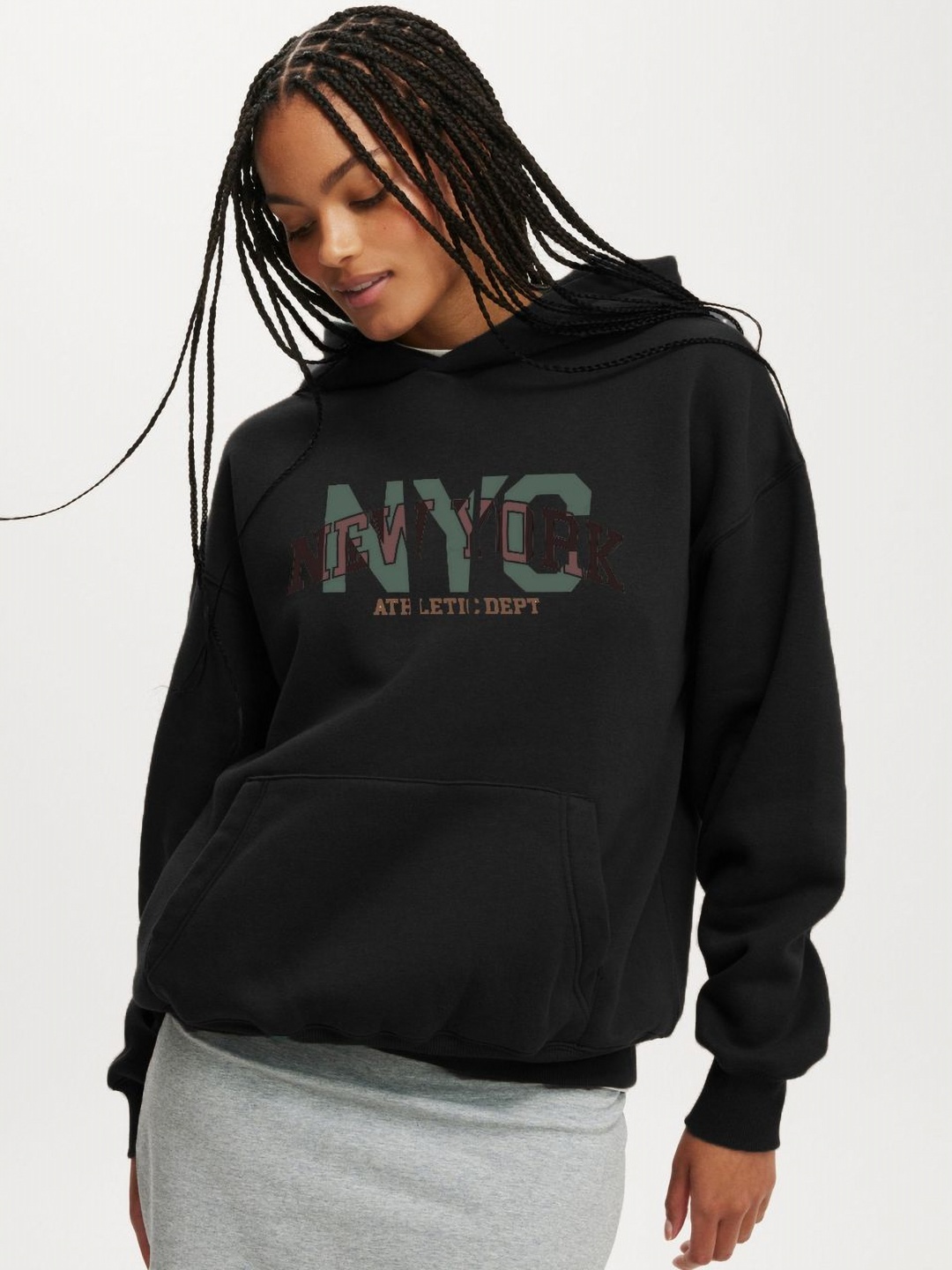 

CLAFOUTIS Women Typography Printed Hooded Oversized Sweatshirt, Black