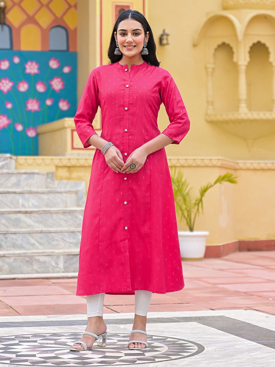 

SHIFORY Abstract Woven Design Mandarin Collar A-Line Kurtas, Pink