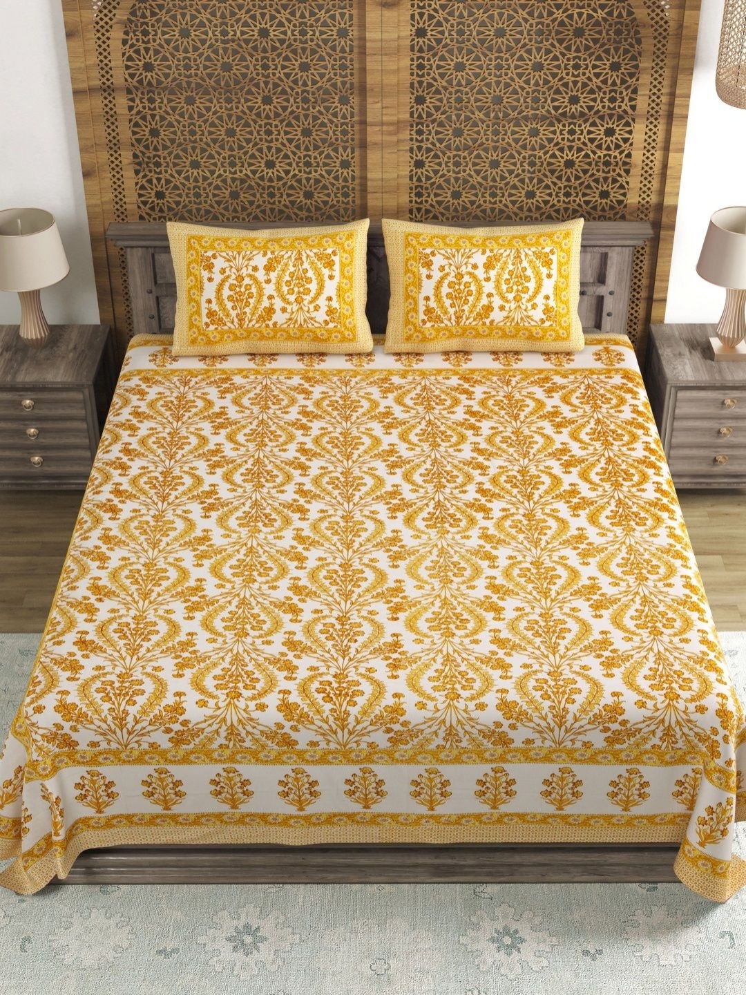 

Myntra Elegant Homes Yellow & White Printed 120 TC King King Bedsheet Set 2.18m x2.61m