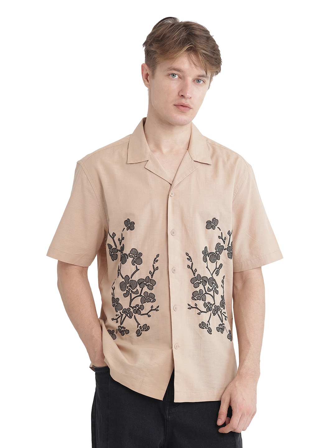 

RARE RABBIT Men Comfort Relaxed Fit Cuban Collar Floral Printed Cotton Casual Shirt, Beige