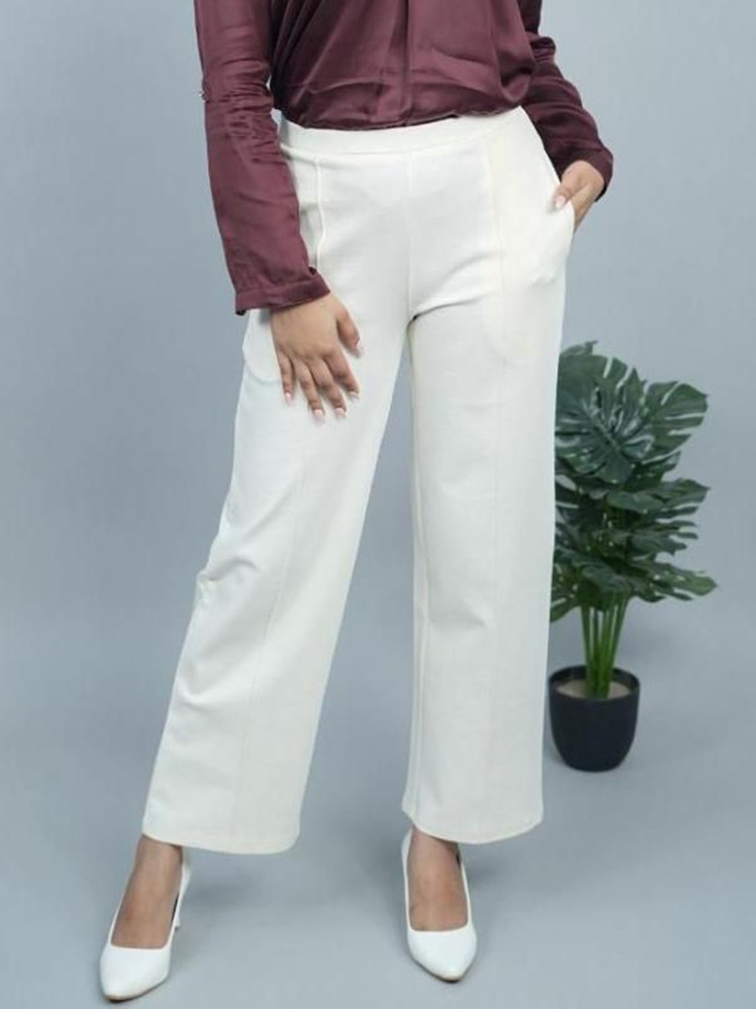 

Mlada Women Plus Size Wide Leg Flared Mid-Rise Stretchable Trouser, Off white