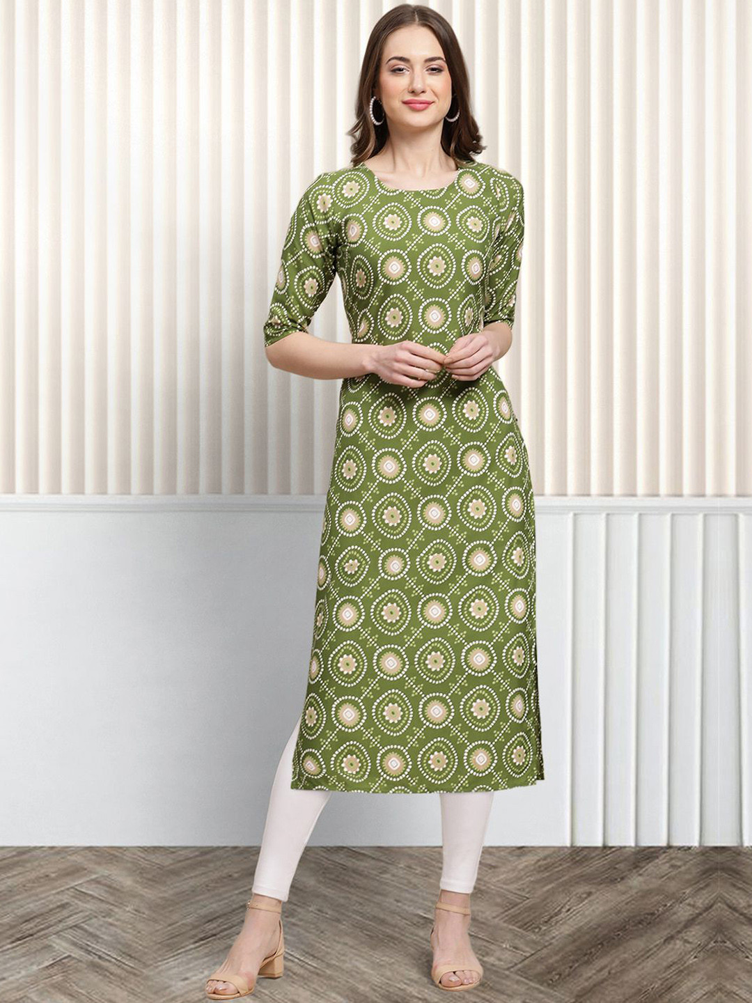 

Moda Rapido Geometric Printed Round Neck Straight Kurta, Green
