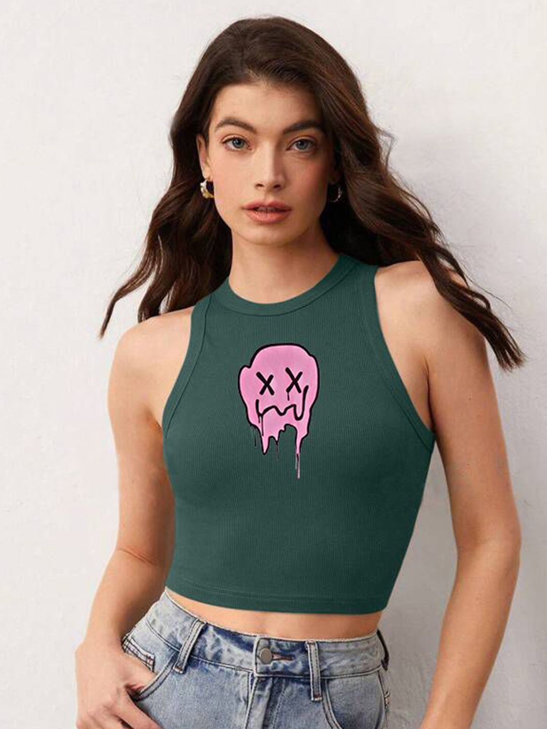 

The Roadster Lifestyle Co Printed Sleeveless Stretchable Crop Top, Green