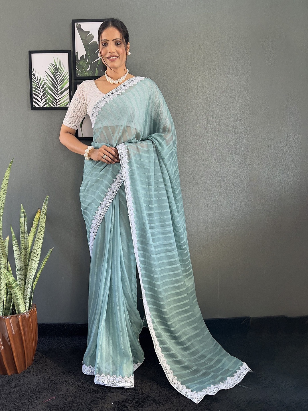 

A TO Z CART Striped Pure Chiffon Saree, Sea green