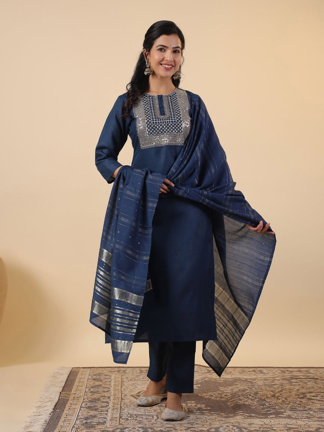 

Janasya Women Embroidered Regular Sequinned Pure Cotton Kurta with Trousers & With Dupatta, Blue