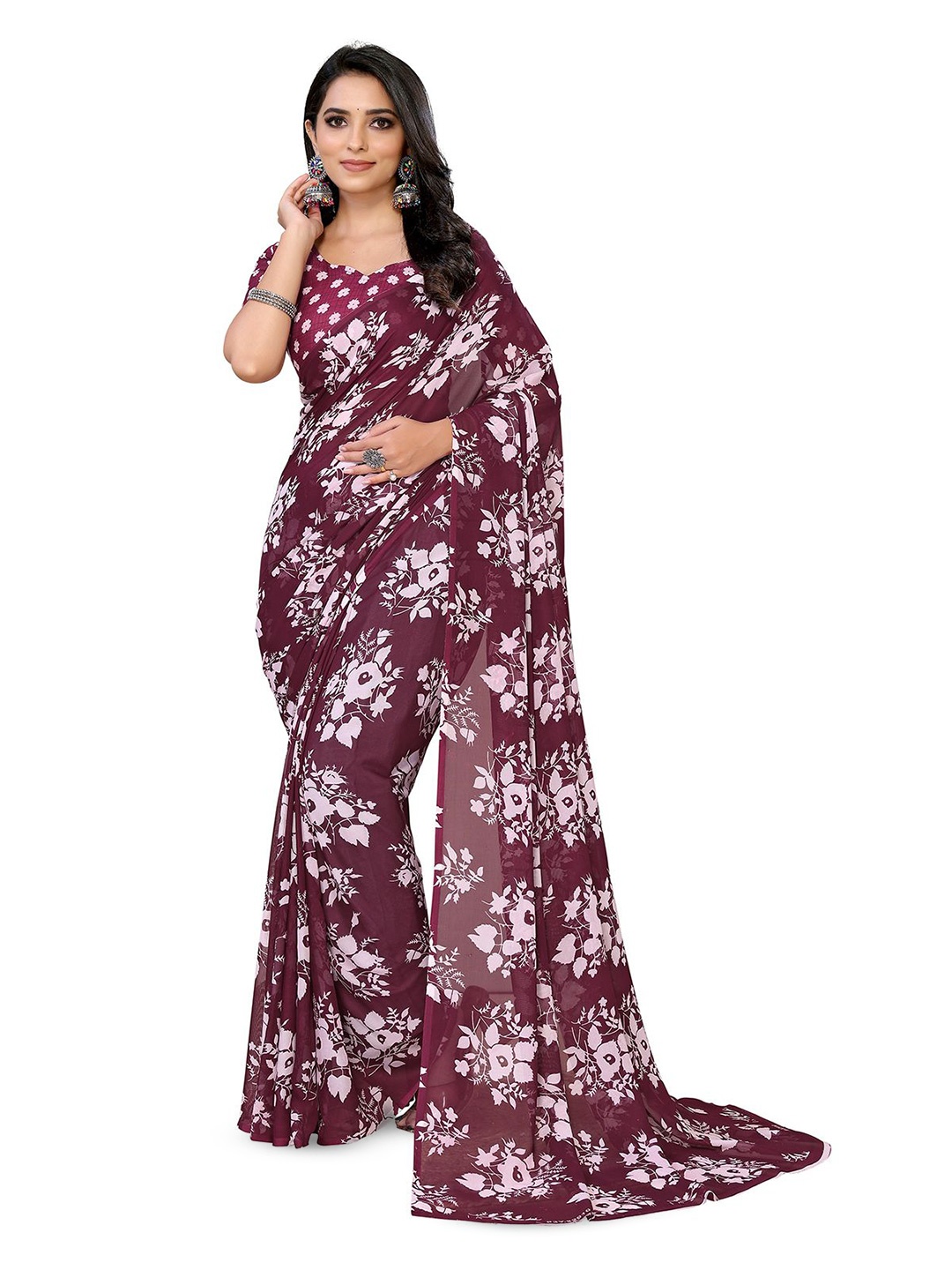 

Moda Rapido Floral Printed Saree With Blouse Piece, Maroon