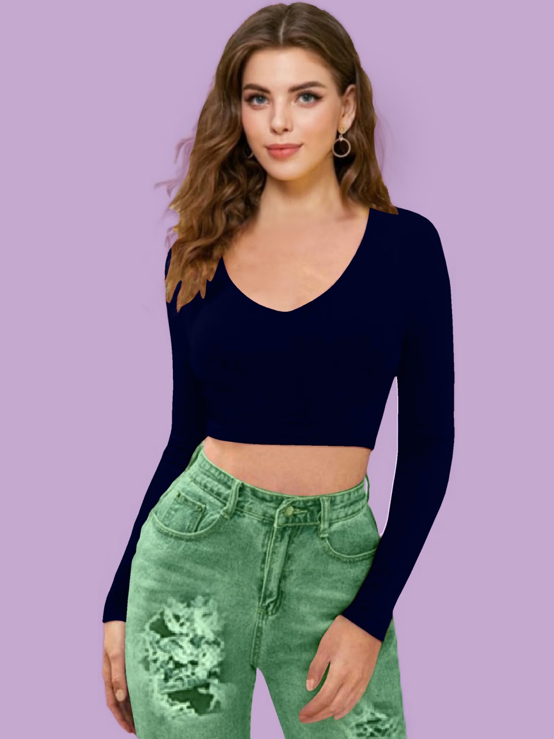 

Dream Beauty Fashion Women Long Sleeves Crop Fitted Top, Navy blue