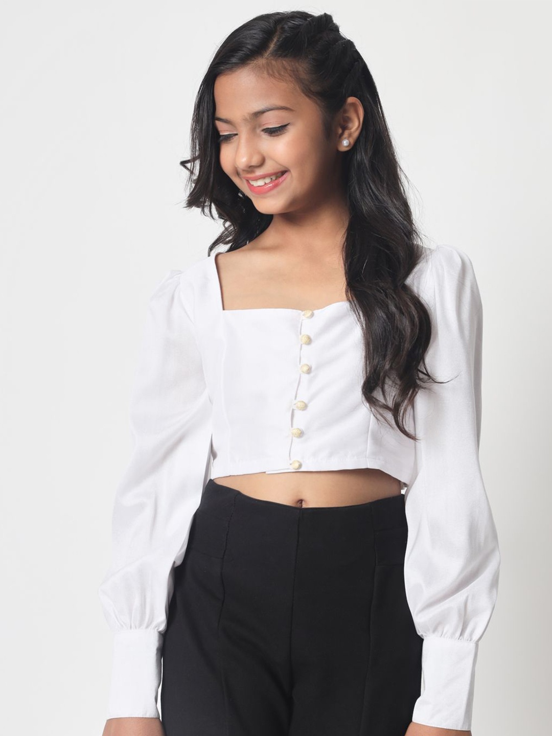 

studio rasa Girls Square Neck Shirt Style Crop Top, White