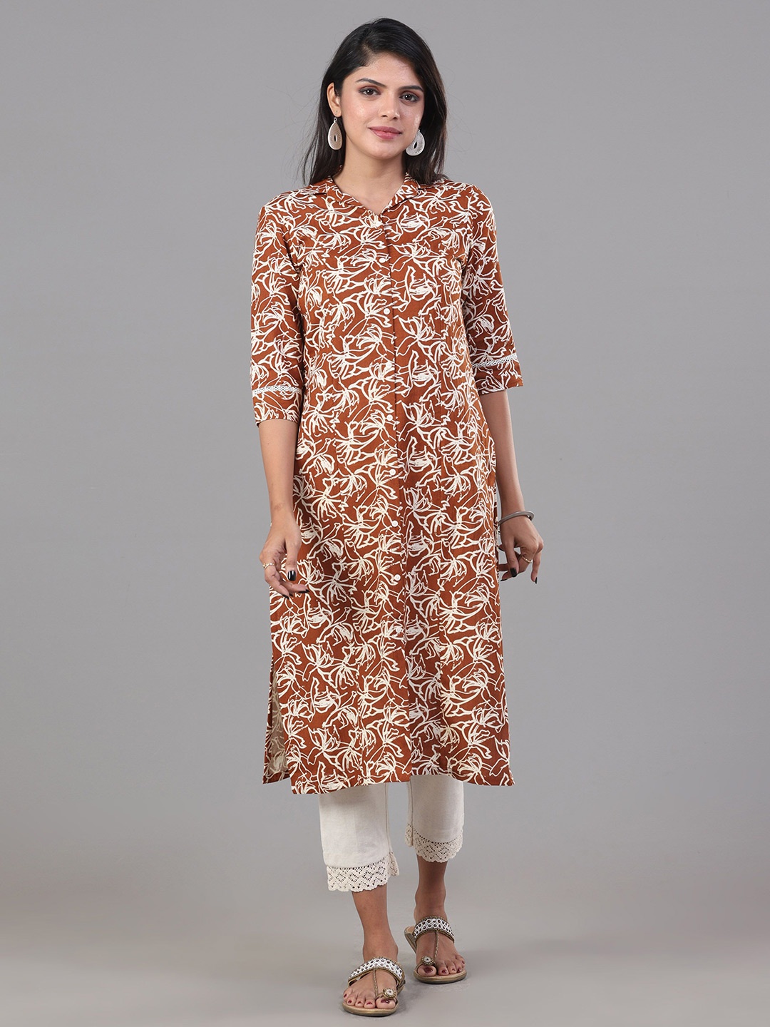 

Vismay Floral Printed Pure Cotton Straight Kurta, Brown