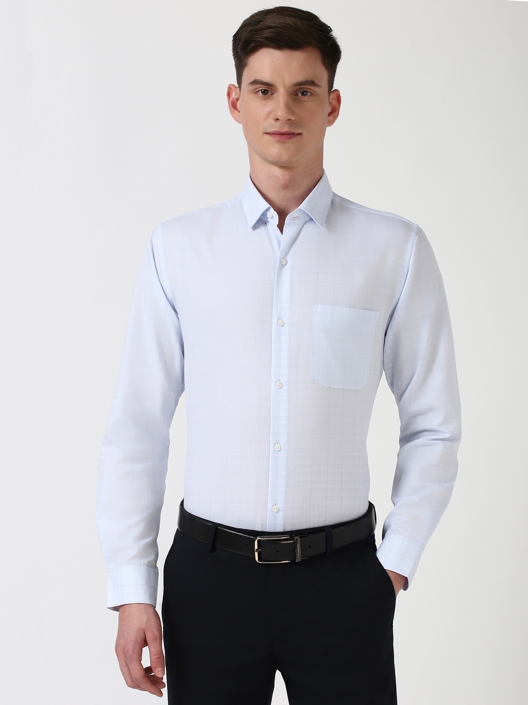 

Peter England Men Slim Fit Spread Collar Checked Cotton Formal Shirt, Blue