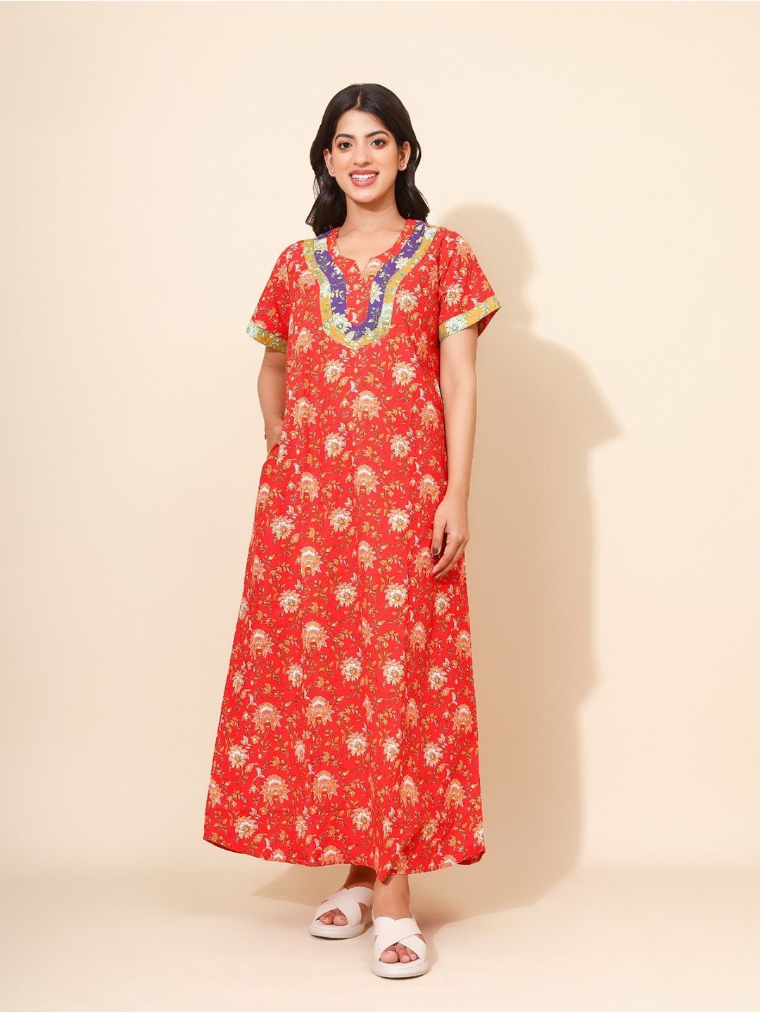 

YELLOW BLOOM Printed Pure Cotton Maxi Nightdress, Red