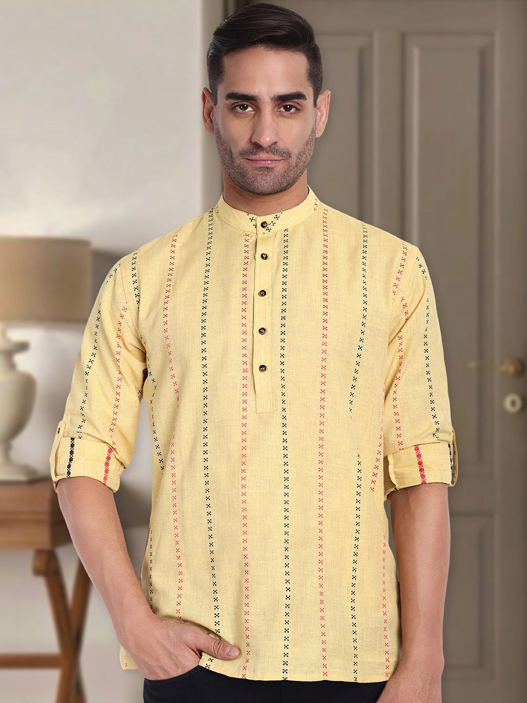 

Tesmare Band Collar Cotton Straight Short Kurta, Yellow