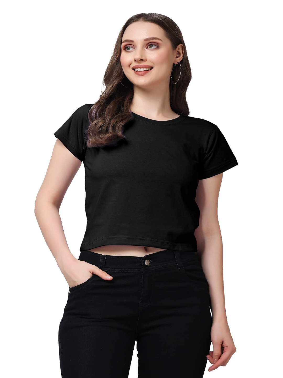 

NOTWILD Women Solid Round Neck Cotton Boxy T-shirt, Black