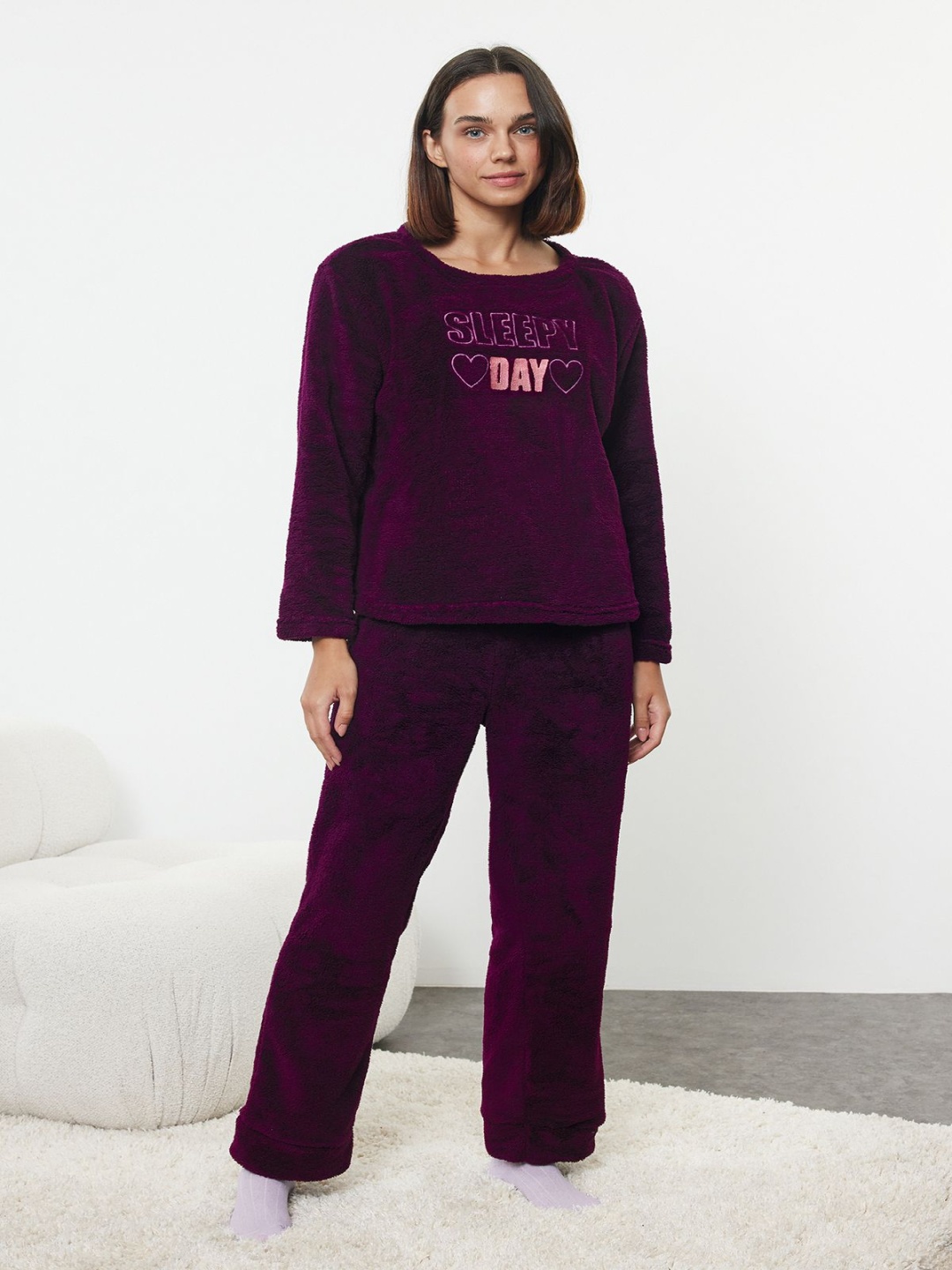

Trendyol Women Round Neck Night suit, Purple