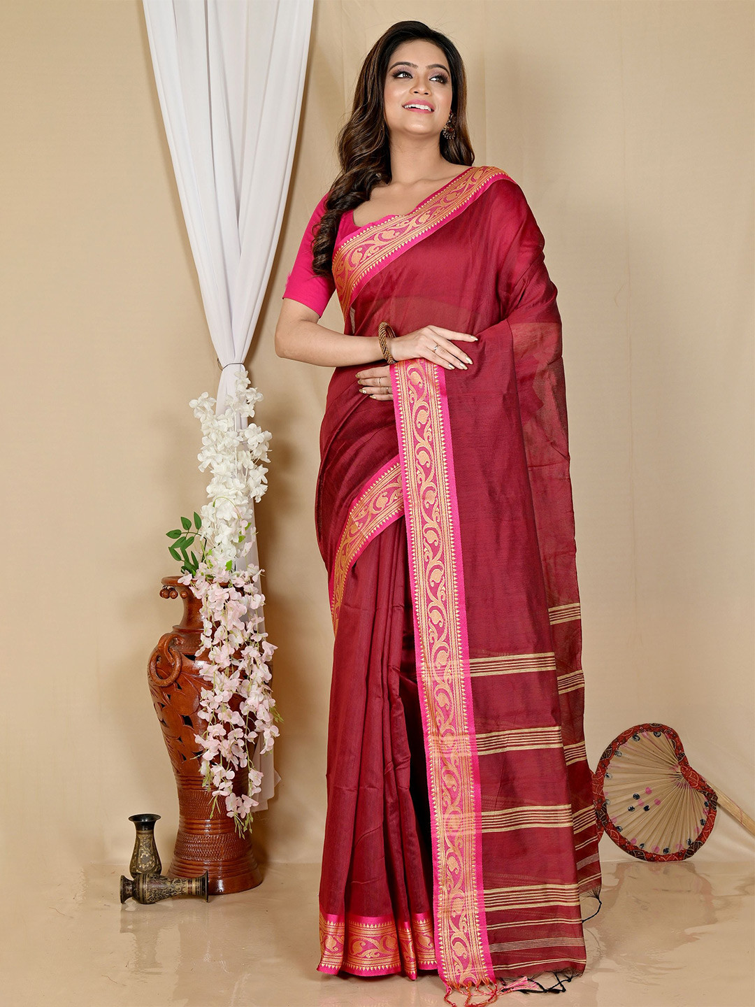 

PuJoy Zari Pure Cotton Taant Saree, Brown