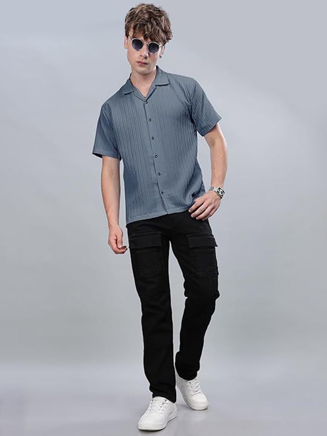 

SWADESI STUFF Men Comfort Fit Cuban Collar Textured Casual Shirt, Teal