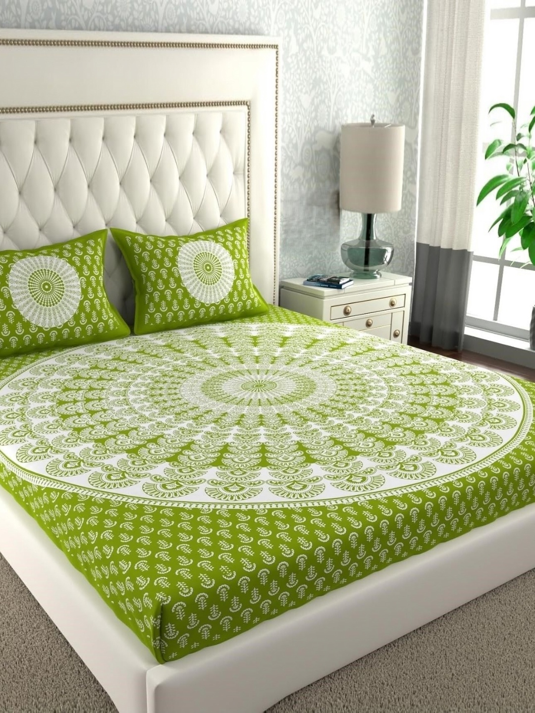 

MAGICAL Green Floral Printed 104 TC Cotton Queen Bedsheet Set