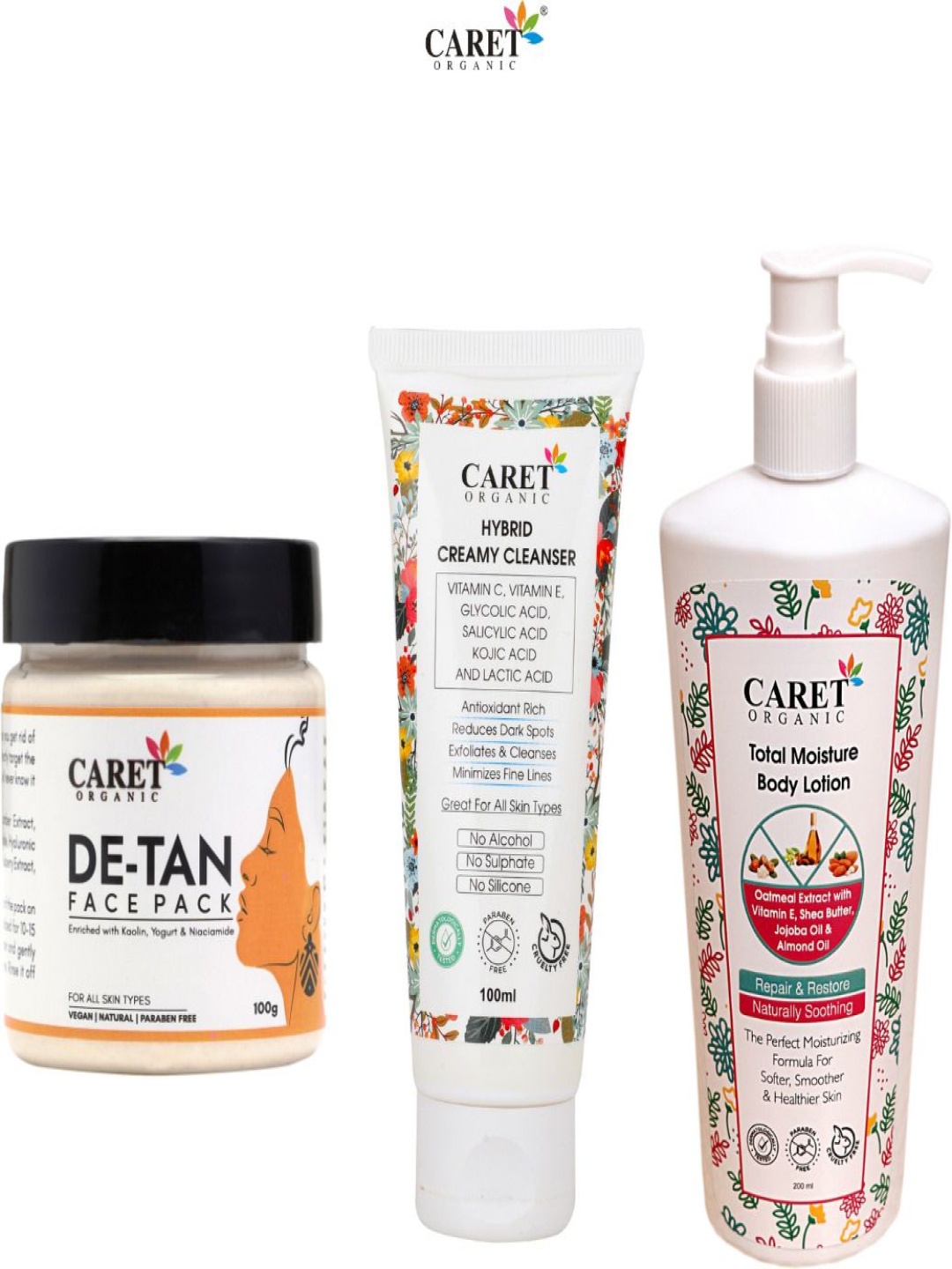 

CARET ORGANIC Set Of 3 De-Tan Facepack-100 g - Cleanser- 100 g & Total Body Lotion- 250ml, Multi