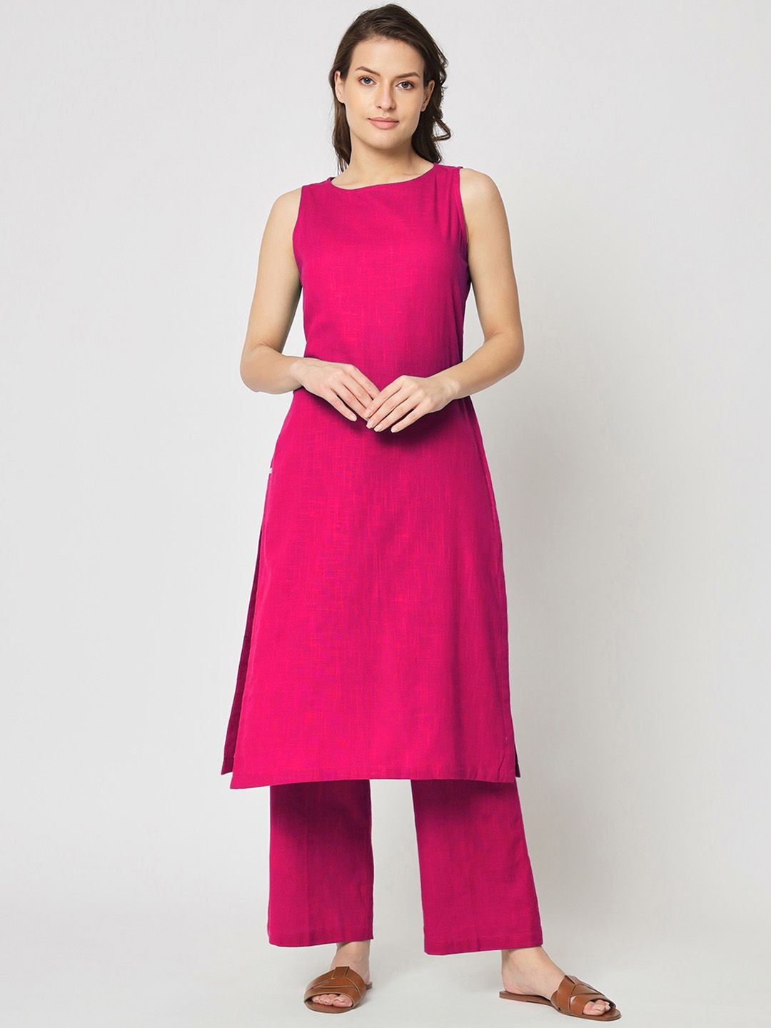 

Thevasa Round Neck Pure Cotton Straight Tunic And Trouser, Pink