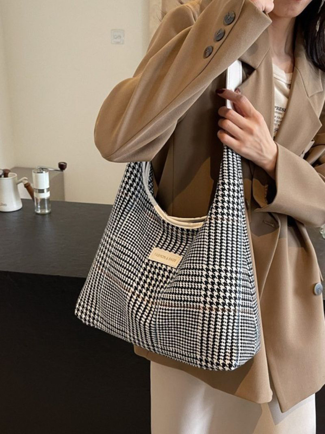 

StyleCast Women Checked Shopper Tote Bag, Black