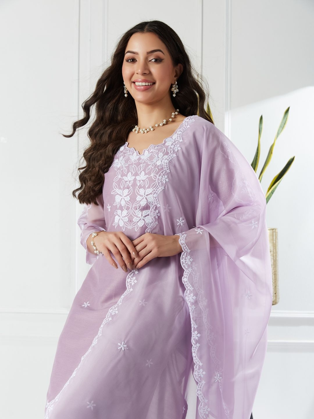 

Colors of Earth Floral Embroidered Round Neck Straight Kurta With Trousers And Dupatta, Lavender