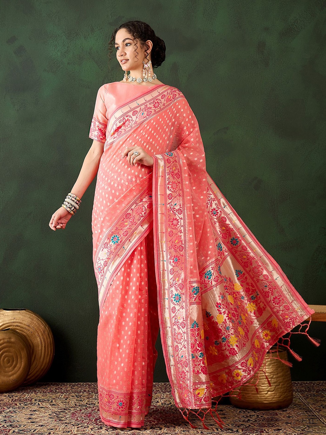 

KALINI Woven Design Zari Banarasi Saree, Peach
