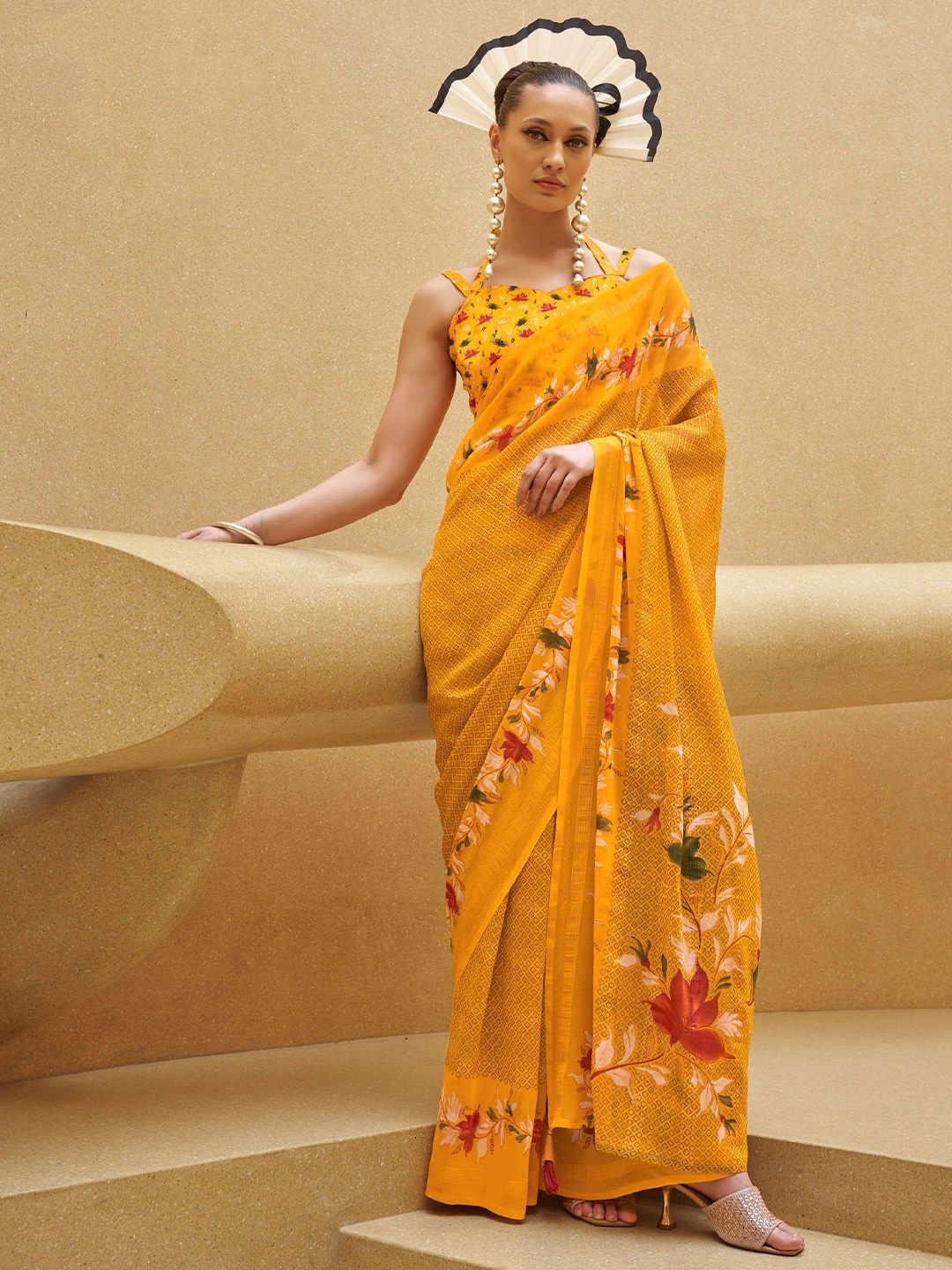 

MAHALASA Floral Pure Georgette Saree, Yellow