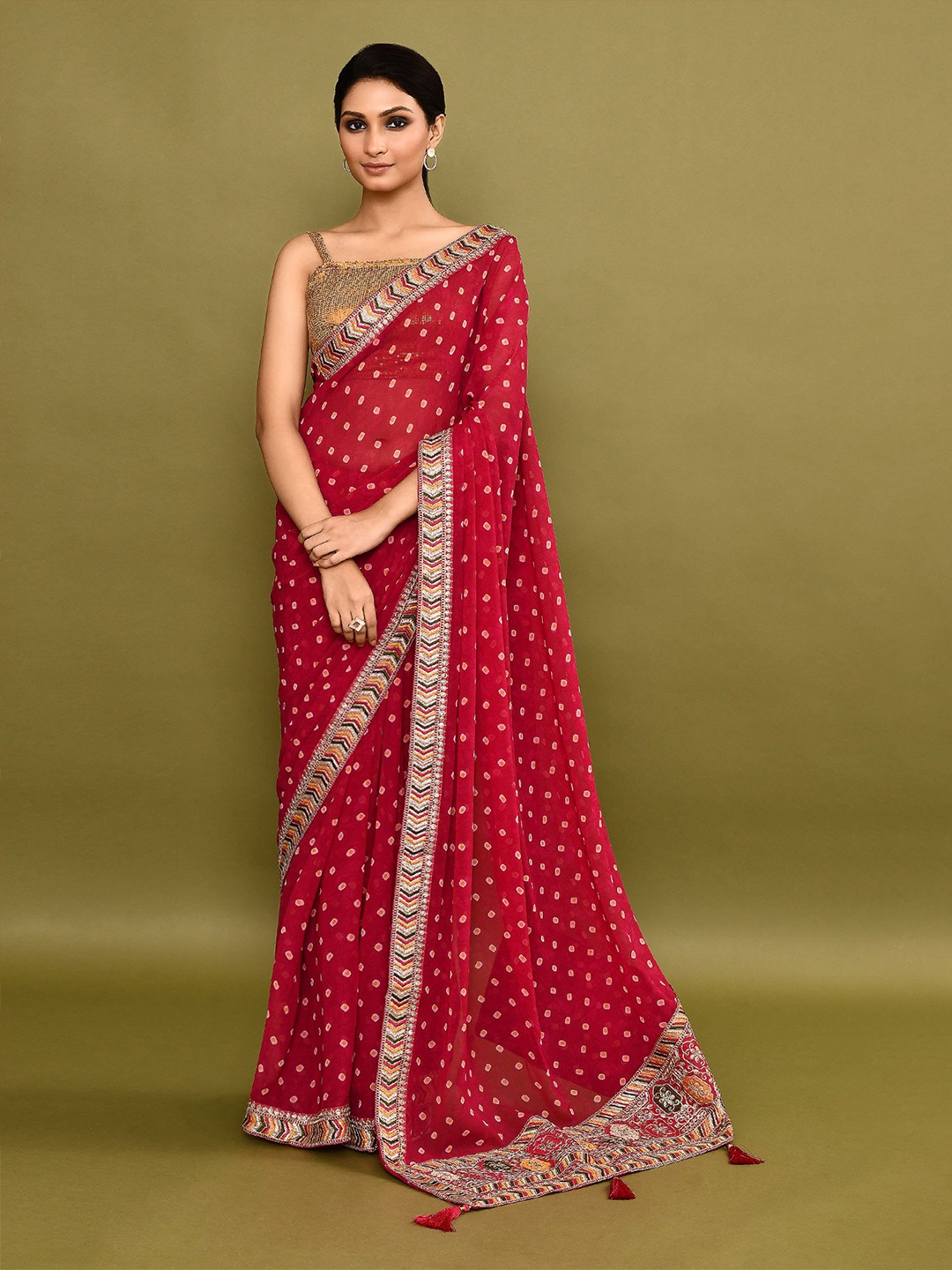 

Manu Designer Bandhani Embroidered Pure Georgette Saree, Red